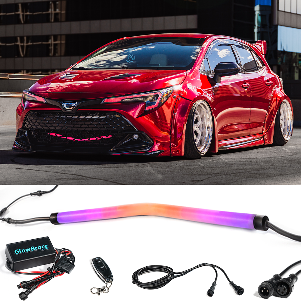 ICYAERO GlowBrace RGB LED front brace installed on a 2019 Toyota Corolla